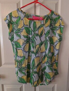 NWT S - Isaac Mizrahi 100% Linen Lemon Print Cap Sleeve Top - Yellow & Green